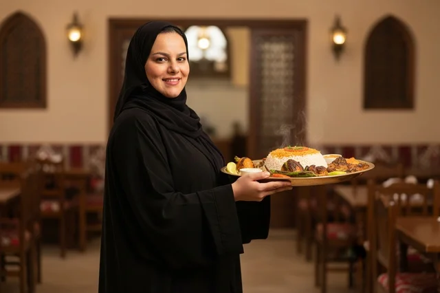 Saudi Woman in Abaya Holding Traditional Food Tray