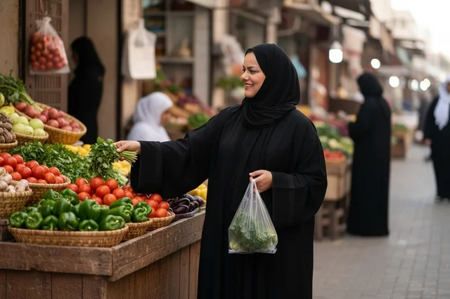 امرأة سعودية تتسوق الخضروات الطازجة في السوق