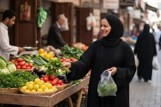 امرأة سعودية تتسوق الخضروات الطازجة من سوق شعبي