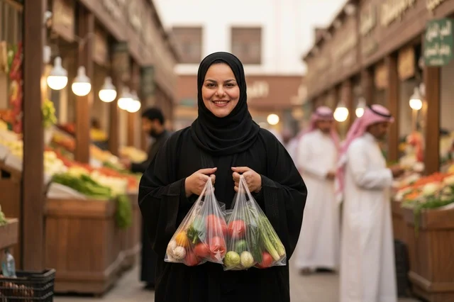 Saudi Woman Shopping for Fresh Vegetables in Traditional Souq