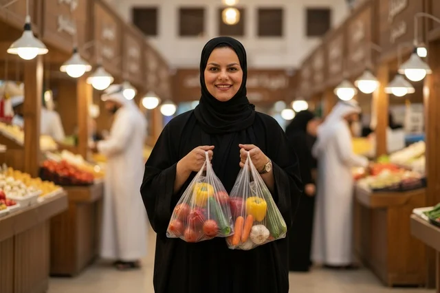 امرأة إماراتية تتسوق الخضروات في سوق شعبي تقليدي