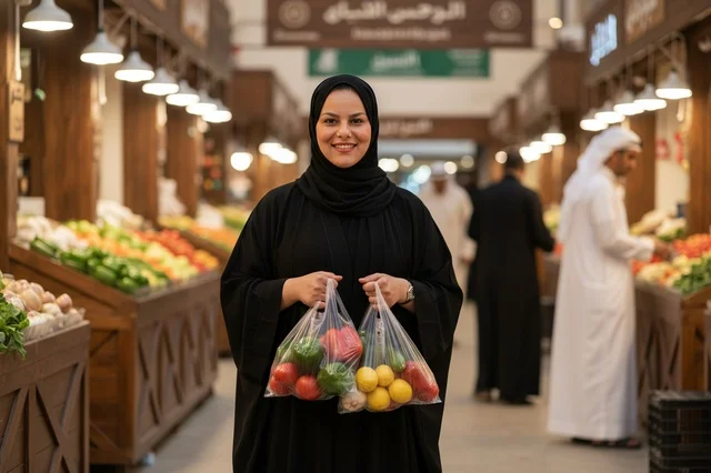 امرأة سعودية بالعباءة تتسوق في سوق الخضار الشعبي