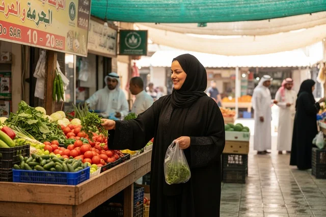 Saudi Woman Shopping at Traditional Vegetable Market