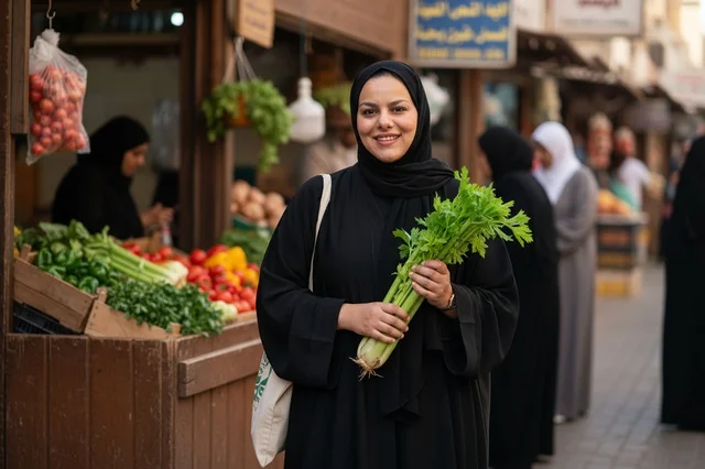 Saudi Woman in Abaya Holding Fresh Celery at Market
