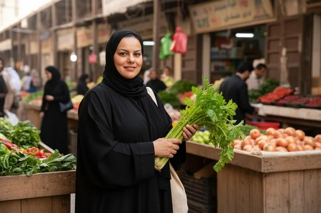 Saudi Woman Shopping at Traditional Vegetable Market