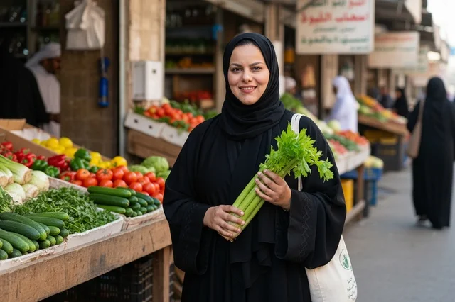 امرأة سعودية تتسوق في سوق الخضار الشعبي