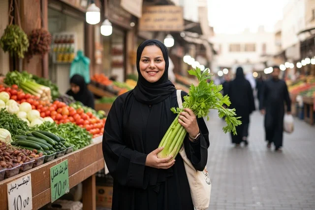امرأة سعودية بالعباءة تمسك الكرفس في سوق شعبي