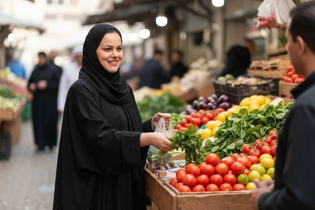 امرأة عربية تشتري الخضروات الطازجة من سوق شعبي
