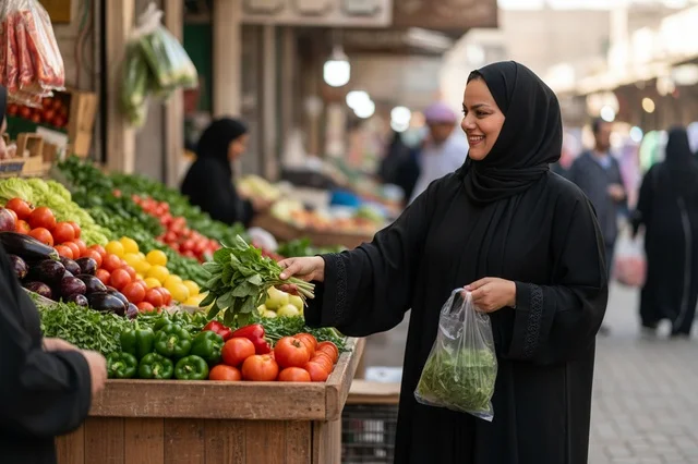 Saudi Woman Shopping for Fresh Vegetables at Souq
