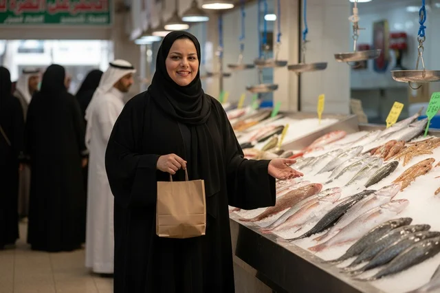 امرأة سعودية تتسوق السمك الطازج في سوق محلي