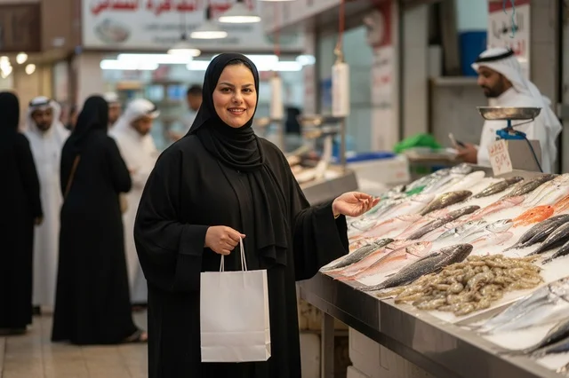امرأة إماراتية تتسوق في سوق السمك الشعبي