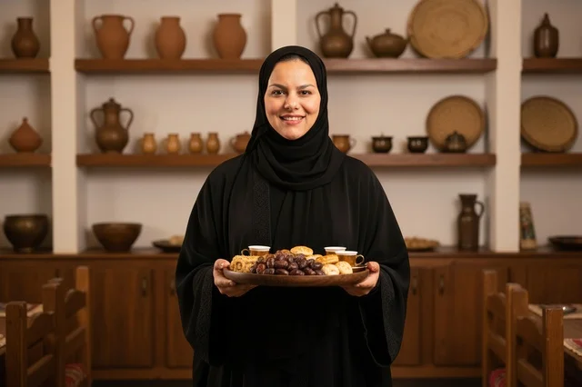 امرأة سعودية تحمل طبق تمر في مكان تراثي