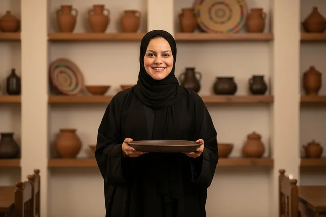 Saudi Woman in Abaya Holding Traditional Clay Plate