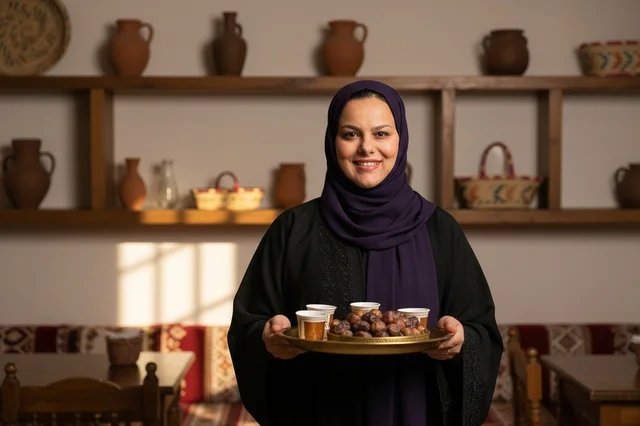 Saudi Woman with Dates and Arabic Coffee Heritage