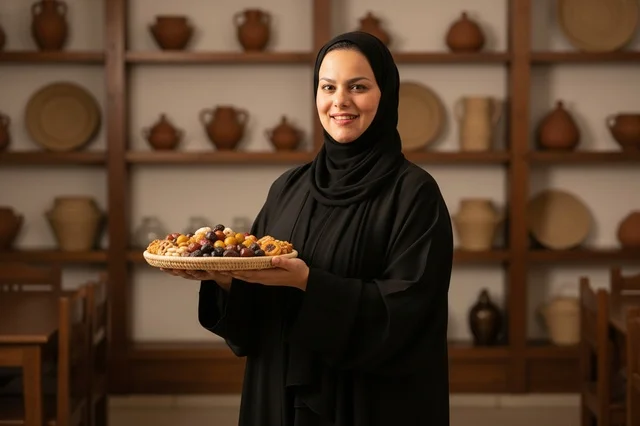 Emirati Woman Holding Arabic Sweets in Traditional Setting