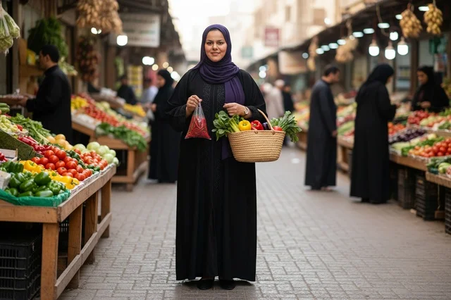 امرأة سعودية بالعباءة في سوق الخضار الشعبي
