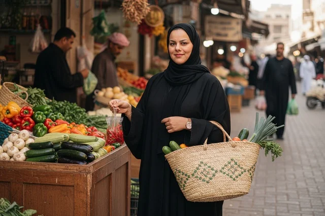 Arab Woman Shopping at Traditional Vegetable Market