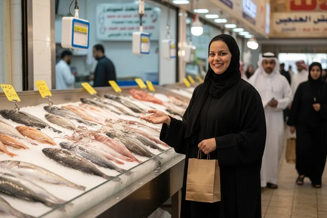 امرأة سعودية بالعباءة تتسوق في سوق السمك الطازج