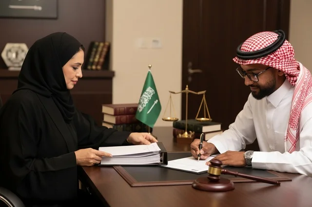 محامون سعوديون يوقعون وثائق في مكتب قانوني
