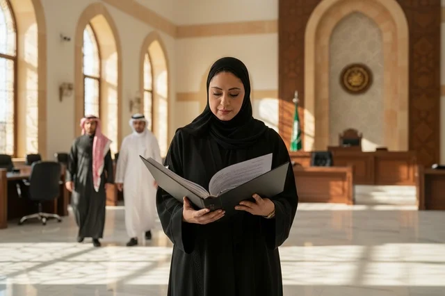 Saudi Woman Lawyer Reading Legal File in Courtroom
