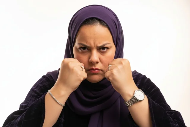 امرأة سعودية غاضبة بوضعية الملاكمة خلفية بيضاء