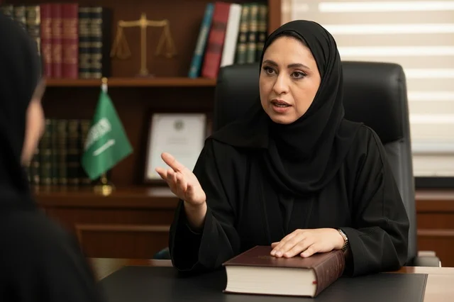 محامية سعودية في مكتب قانوني مع كتاب القانون