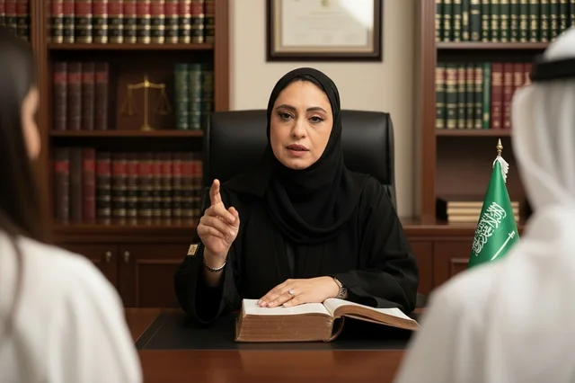 Saudi Female Lawyer in Office with National Flag