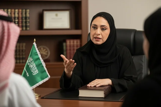 محامية سعودية في مكتب عمل مع العلم الوطني