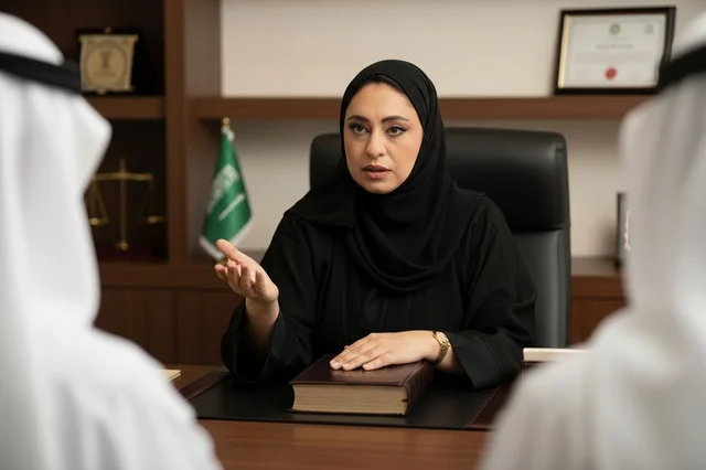 محامية سعودية في اجتماع عمل احترافي داخل المكتب