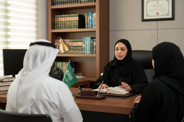 محامية سعودية في مكتبها مع العلم الوطني