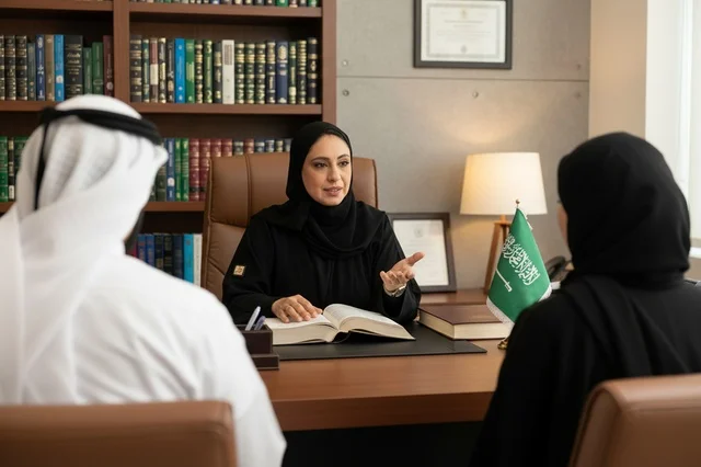 محامية سعودية في مكتبها مع العلم الوطني