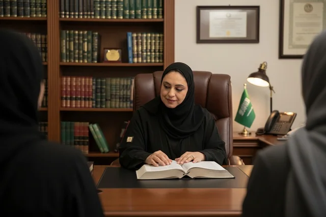 محامية سعودية في مكتب عمل تقرأ كتاباً قانونياً