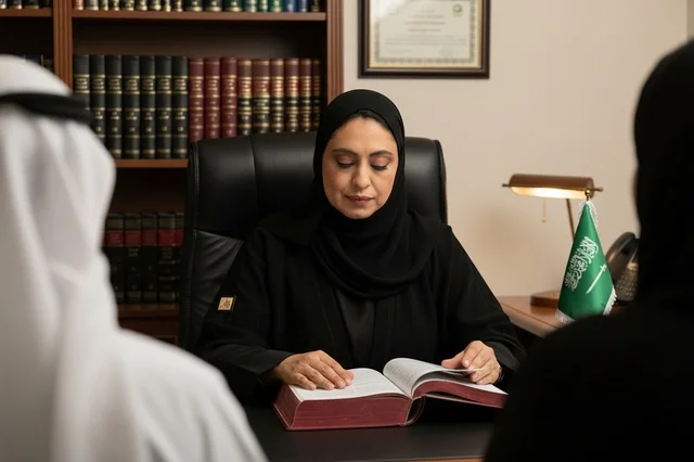 Saudi Female Lawyer Reading Legal Book in Office