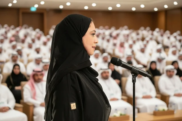 An Emirati businesswoman speaks at a professional conference.