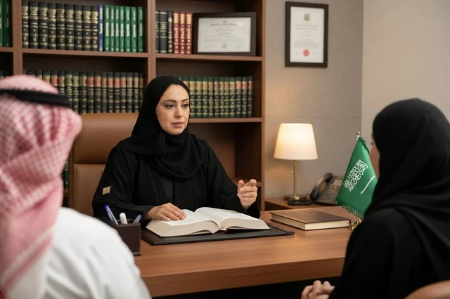 A Saudi lawyer in her office with the national flag.