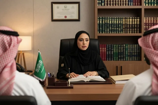 محامية سعودية في مكتبها مع العلم الوطني