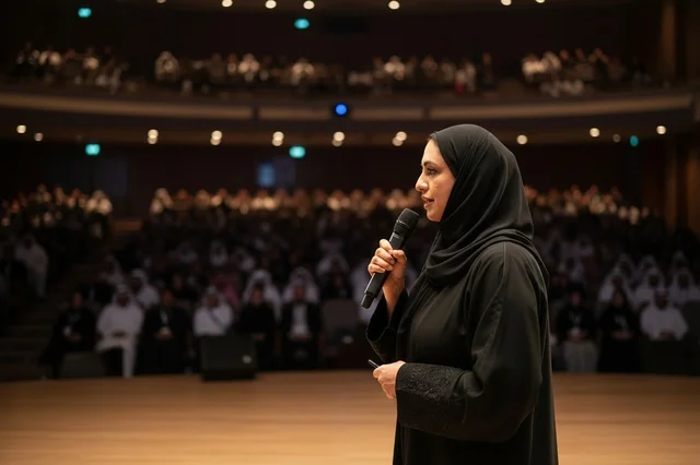 امرأة عربية تتحدث على المسرح بالعباءة التقليدية