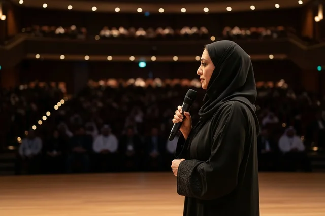 Emirati Woman Speaking on Stage in Black Abaya