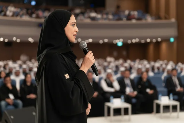 امرأة إماراتية تتحدث في مؤتمر داخل قاعة محاضرات