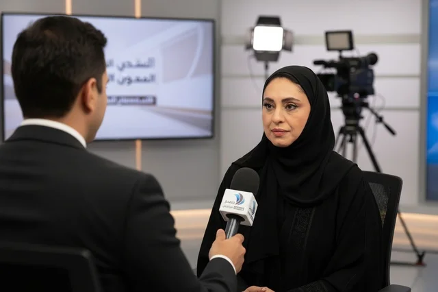 امرأة سعودية بالعباءة في مقابلة إعلامية داخل استوديو