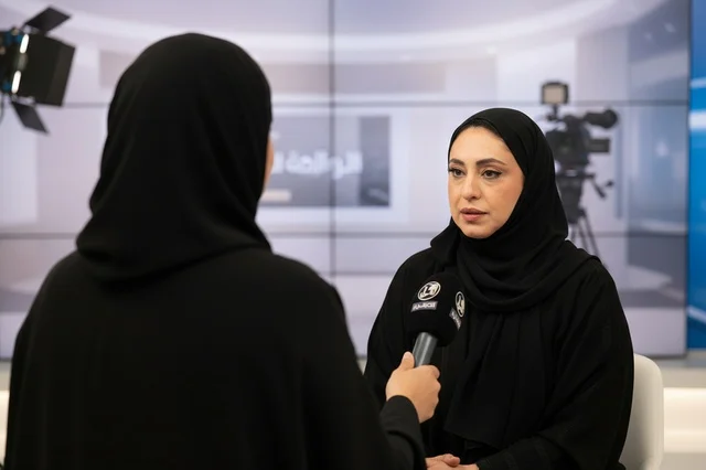 امرأة إماراتية بالعباءة في مقابلة إخبارية تلفزيونية