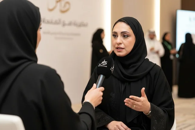 Emirati Woman in Abaya Media Interview Corporate Event