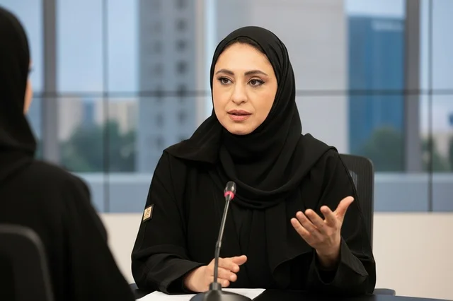 Emirati Woman in Abaya Speaking at Media Studio Emirati Woman in Abaya Speaking at Media Studio