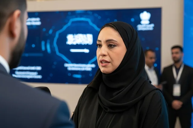 امرأة سعودية بالعباءة في مقابلة عمل إعلامية