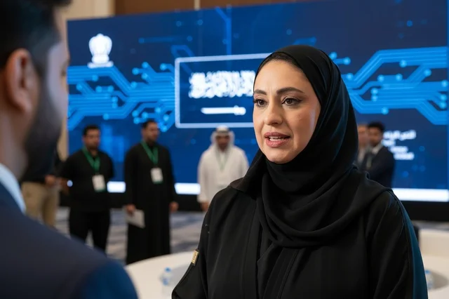 امرأة سعودية بالعباءة تتحدث في مؤتمر تقني