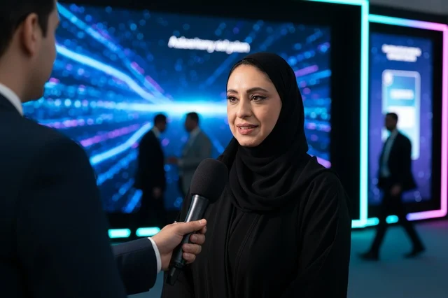 Saudi Woman in Abaya Interviewed at Tech Event