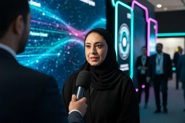 سيدة أعمال إماراتية في مقابلة إعلامية بمعرض تقني