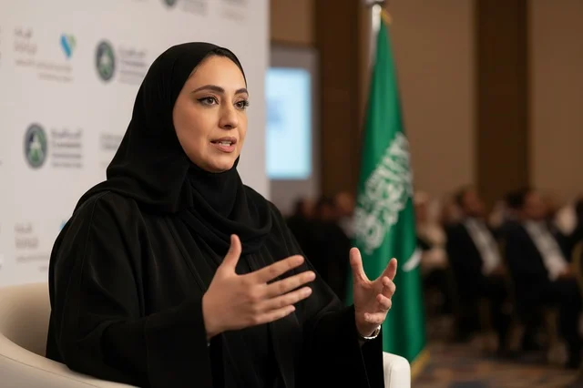 امرأة سعودية مهنية تتحدث في مؤتمر رسمي