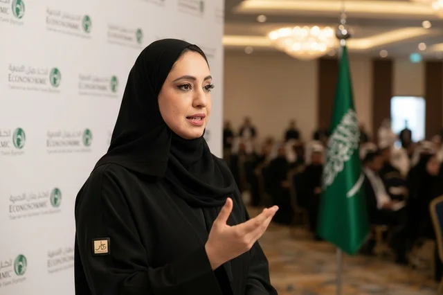 Saudi Woman Speaking at Business Conference Hall