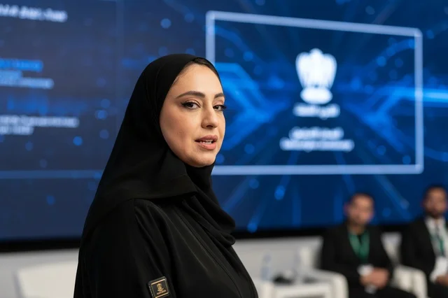 An Emirati businesswoman speaks at a professional conference.